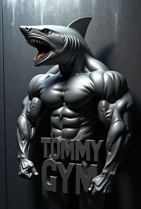 Professional metallic logo with the silhouette of a bodybuilder with the face of a shark and the letters TOMMY GYM in the center