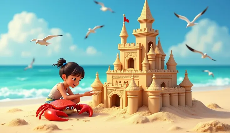 ren and a cheerful red crab working together to build a large, detailed sandcastle on a sunny beach.

