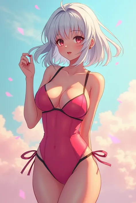 A girl in her 20s with shoulder-length white hair with a voluptuous body in an anime-style swimsuit 