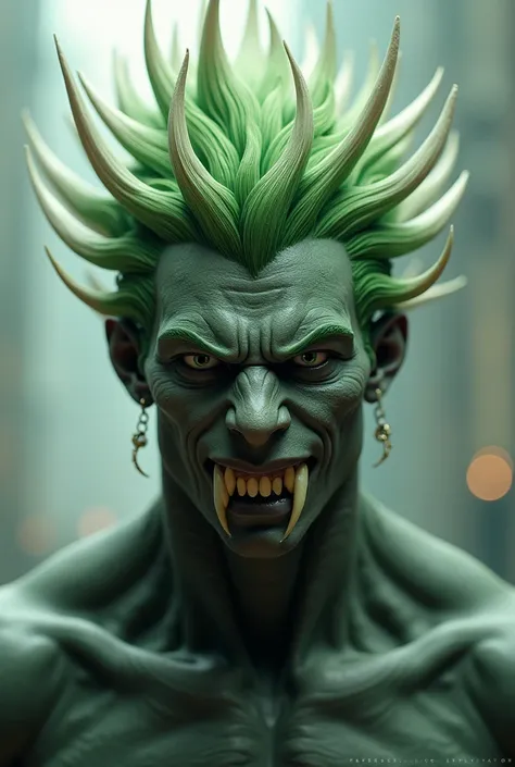 A human of average height,  spiked green hair with whitish tips , slightly dark skin,  slightly muscular body and slightly larger canine teeth