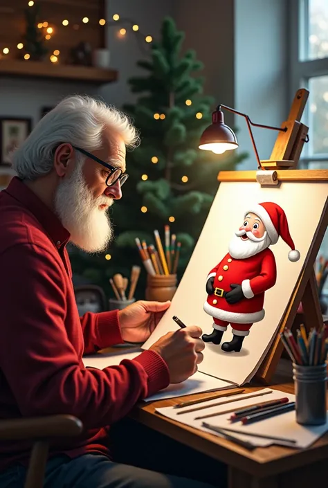 Create an image of a man drawing Santa Claus 