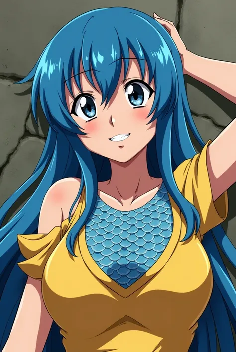  anime girl with blue hair and yellow dress lying on the floor, scales covering her chest , Joseph Joestar, full body close-up shot, full!! body! shot,  muscular!!,  The Seven Deadly Sins anime , From Yowamushi Pedal, Exhausted God , The scales on her ches...