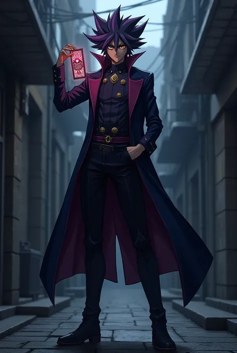 Me as a YU-GI-OH male character, have a purple and black hair, and wore a menacing clothes, have a buster blader card on my hand, in a dark alley.