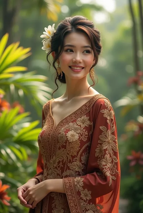 " A graceful woman wearing a traditional Indonesian kebaya .  The kebaya has delicate floral embroidery details , gold and red ,  with lace accents at the ends of the sleeves .  This woman wears batik fabric as a subordinate ,  patterned megamendung in dar...