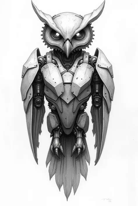 Black and white mechanical cyborg owl pencil sketch 