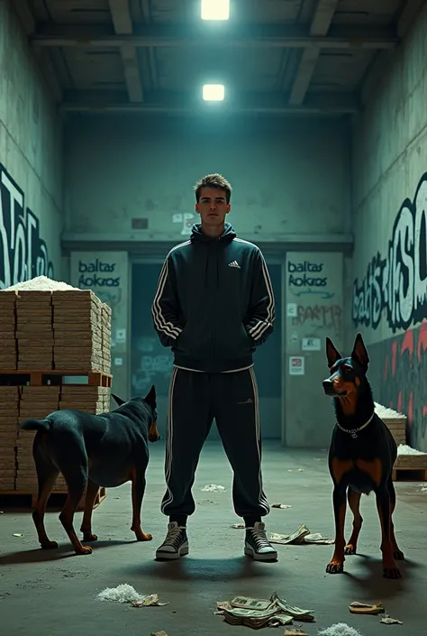 Young guy, with adidas  trainings turn around standing in a hangar with two dobermans on one side a palette with money and on the other side a palette with cocaine, graffiti style writing on the wall that you can see BALTAS KOKSAS