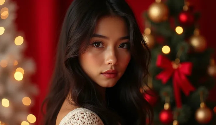 ( photorealism:1.2),  Beautiful Women, Long Hair , to l&#39;interior, Soft lighting, Face only realistic , The details are complicated, warm shades, dark eyes, 18 years old ， Christmas Costumes、 red christmas background 