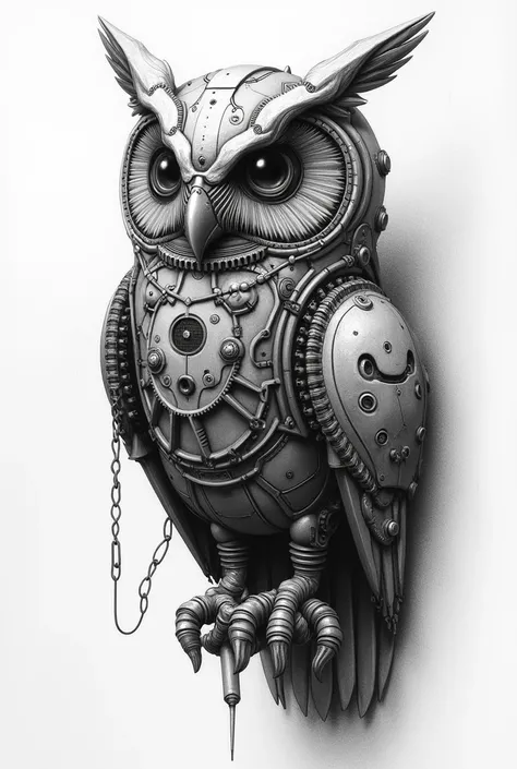 Black and white mechanical owl pencil sketch 