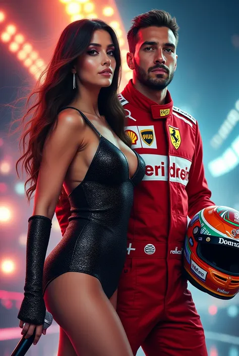  The cover would show the protagonists in the foreground : She, a famous singer ,  with long dark brown hair ,  dressed in a glamorous and shiny outfit ,  holding a microphone with a confident attitude . He,  an Italian Formula 1 driver , with a modern rac...