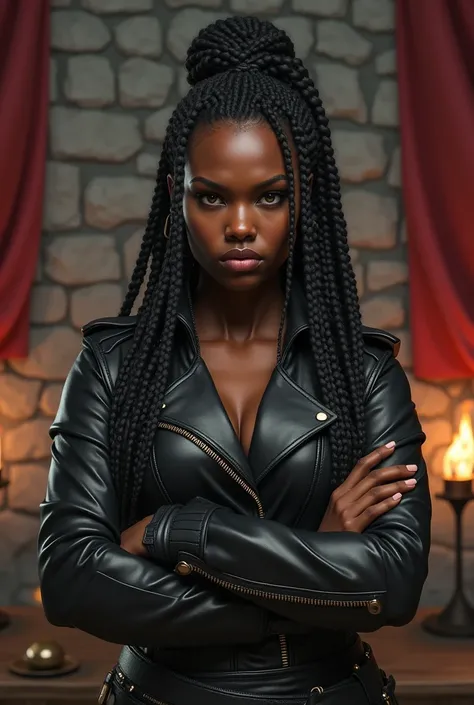 Create a beautiful dark-skinned woman,  brown eyes, long loose black hair with several braids tied in a half tail, African style . Wear a combat outfit with a black leather jacket ,  that looks annoyed and is crossed arms .  In the background put a living ...