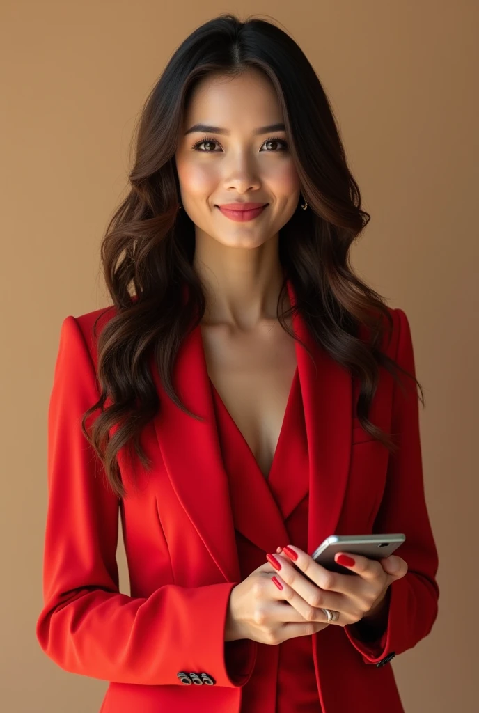 photo of a young white woman  *****  woman with long dark brown hair wearing red clothes . Delicate hands nails red nail polish, is holding a cell phone .  She looks professional and is looking at the camera with her full picture in the frame. The beige ba...