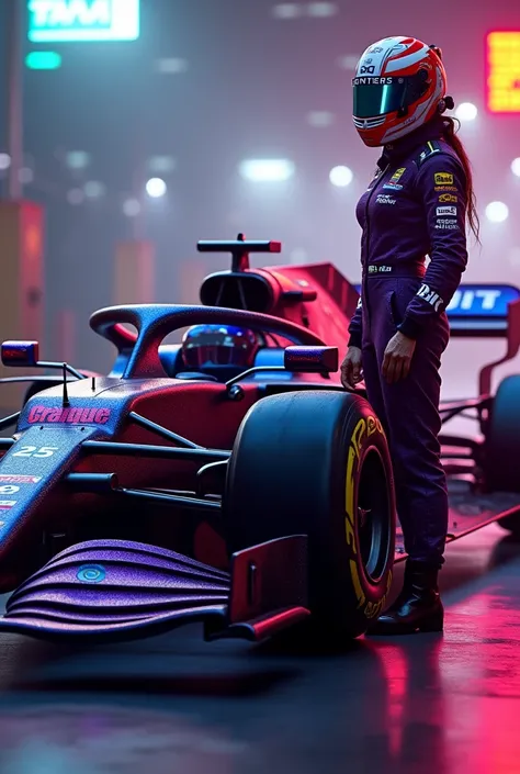  je souhaite que tu me crée une f1 2024
Le pack carosserie doit être violet sombre avec un drapeau français sur le halo et le numéro de la pilote sera le 25 le numéro doit être présent sur la voiture 
Une femme doit être en tenue de course a coter de la vo...