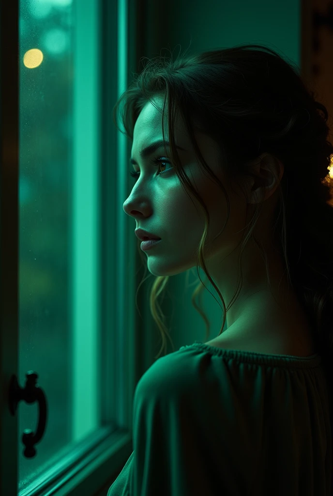 Hyperrealistic art, cinematic film, in the style of detailed photography of hyperrealism, fantasy, a beautiful woman with an angelic face looking out of the window at night outside the house where she lives, bold lines, highly detailed, image in black, gre...