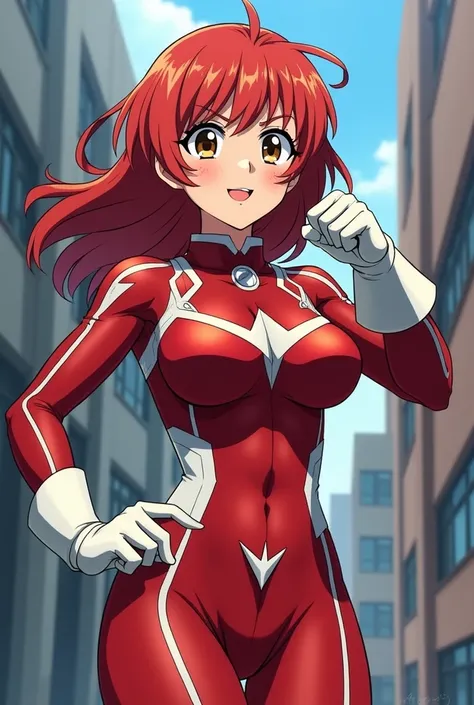   My Hero Academia style ,     anime girl  , woman, young woman ,    full body shot  ,(  Fighting Stance  :1.3),Long Hair, Red Hair,    Brown Eyes  ,  hero suit, Full Body Suit,   red suit with white details, perfect anatomy,  Reinforced ABS ,  super detai...