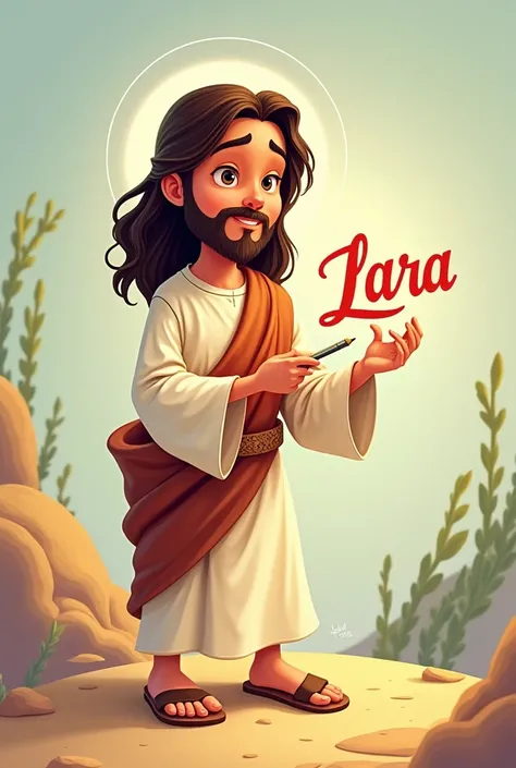 Jesus in a cartoon writing the name LARA