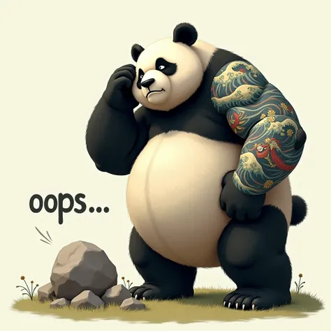 「Oops…….」
Prompt: The panda scratches its head awkwardly, one massive arm flexing unintentionally, as it looks down at a cracked boulder it accidentally crushed. Its tattoos of crashing waves and phoenixes wrap around its arm. The text "Oops……." is written...