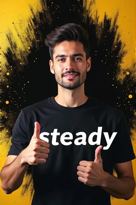  A design featuring a  Handsome youngman,    The word "  Steady " is prominently displayed. The sides of the design have a distortion effect, creating a modern and dynamic look while the central image remains vibrant and clear pride., make  thumb up sign, ...