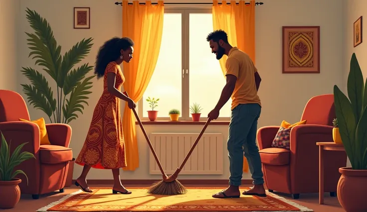 An image of a young African couple in the sitting room. The wife should be seen dressed up for work while the husband is sweeping the house 