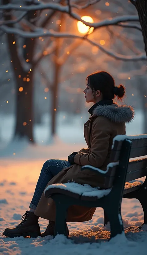  sitting on a bench in a winter park 、 beautiful woman nostalgically remembering her first love partner、 clearly depicting a man in her first love on the upper half of the frame 、 clear visualization of summer memories 、Current winter landscape 、Snowy park...