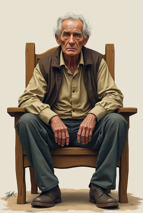 A slightly aged person ,  is sitting on a wooden chair . His face reflects wear and tear in 1990 style drawing