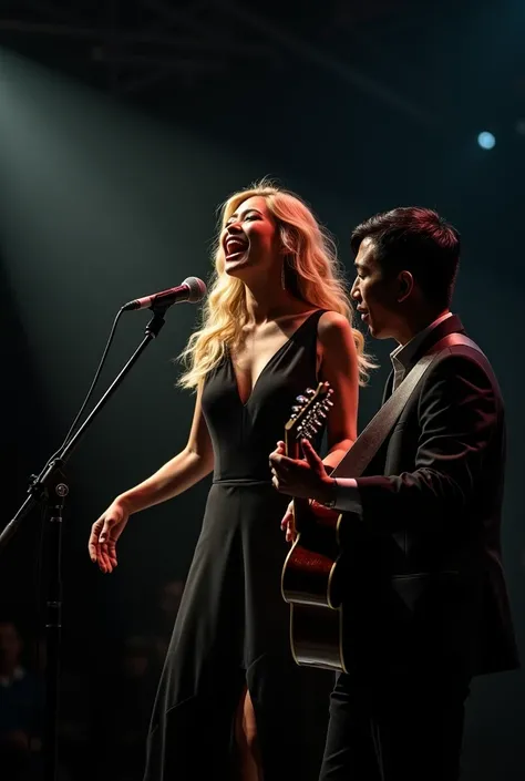 Blonde woman singing on stage . with a black dress,  next to her an Asian guy playing guitar 