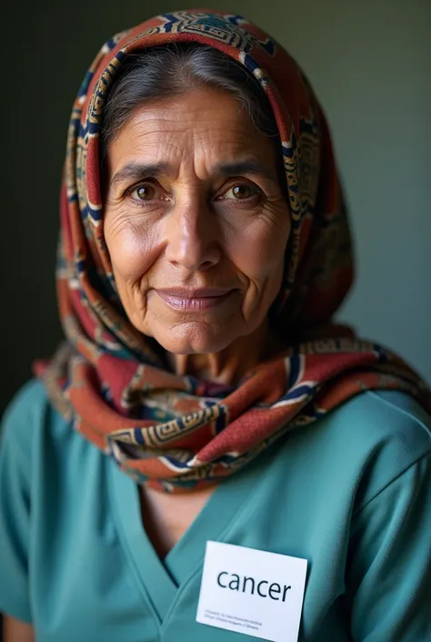 Headscarf with name tag cancer on the chest