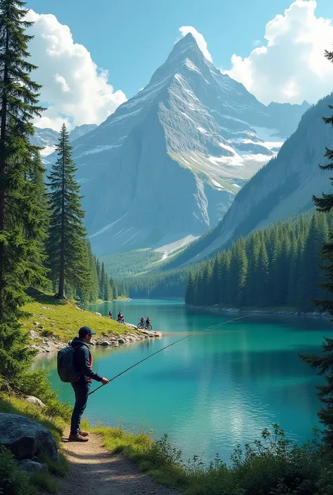 a fisherman throwing his rod next to a crystal clear lake ,  a cyclist riding a path surrounded by woods and a group of hikers reaching the top of a mountain with an impressive landscape in the background.