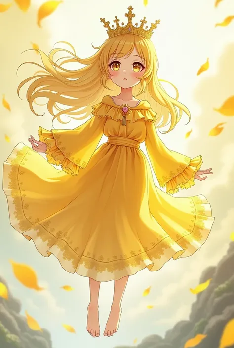 An anime character wearing only yellow clothes and a crown on her head is floating in the air