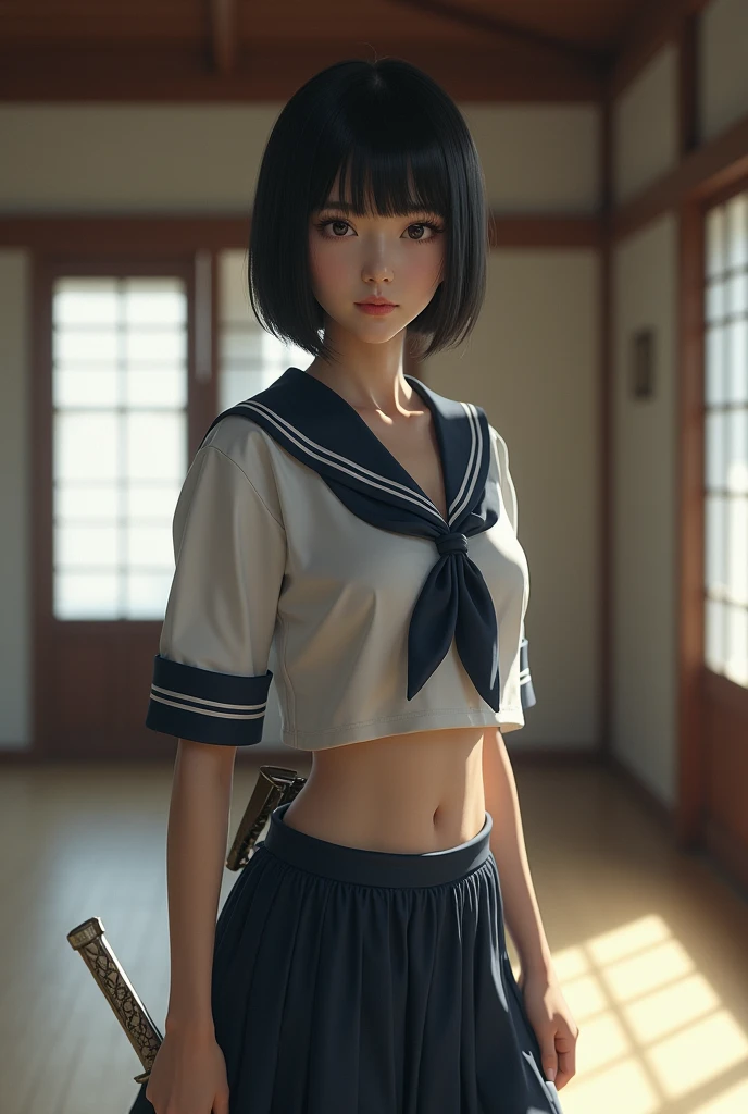 A beautiful girl holds a Japanese sword、belly button、  sailor suit 、   short black hair 