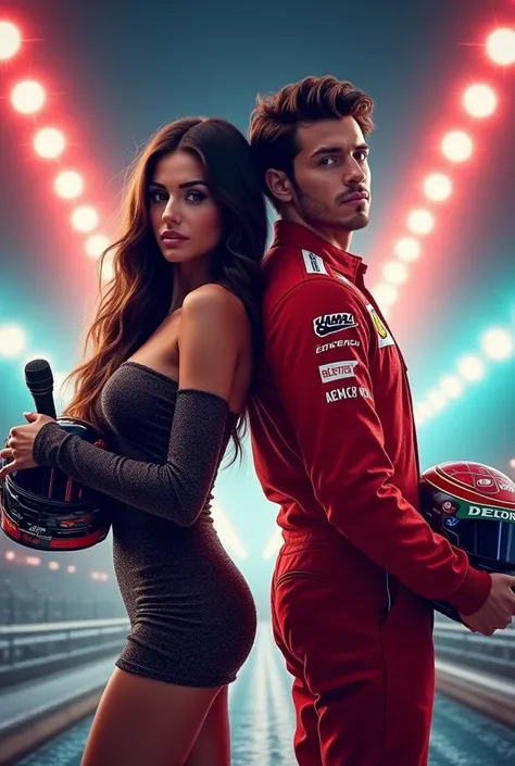  The cover would show the protagonists in the foreground : She, a famous singer ,  with long dark brown hair ,  dressed in a glamorous and shiny outfit ,  holding a microphone with a confident attitude . He,  an Italian Formula 1 driver , wearing a modern ...