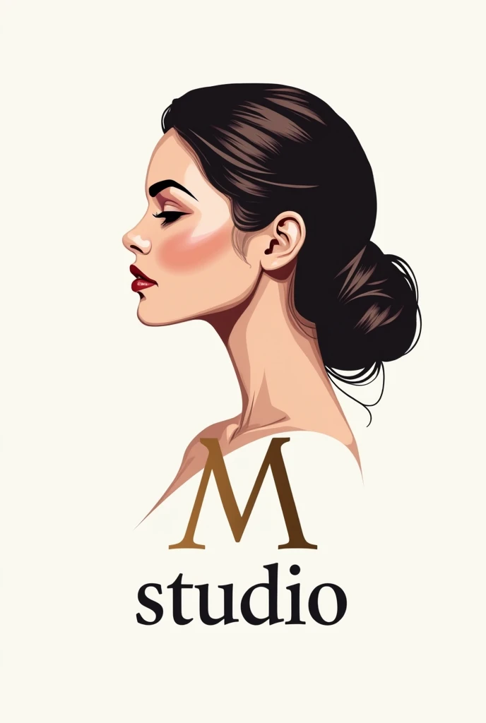 The M logo in a a combination with a beauty face woman in side view,and the slogan Studio below in a fashion style.Beauty design,modern,beauty saloon style.