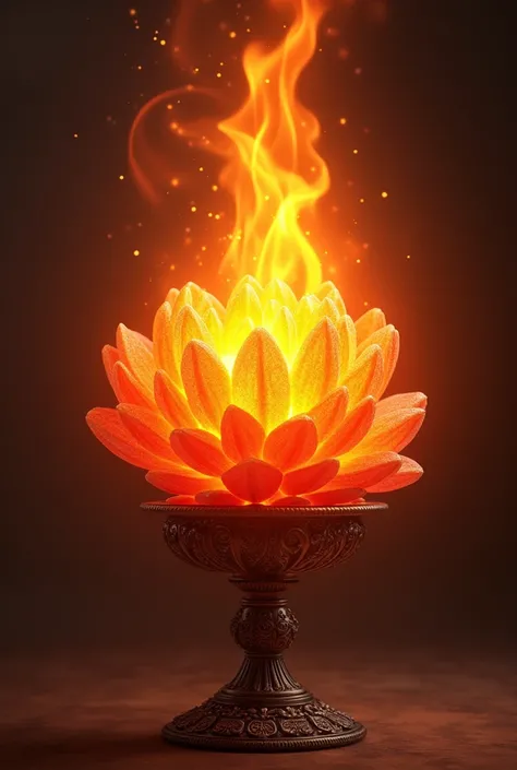 Create a beautiful Chrysalite flower burning inside a huge red flame of fire on a large and very elegant torch. 