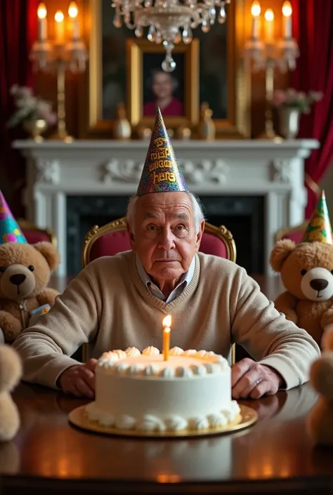  An elderly man seated at the head of a long luxurious table in a sophisticated dining room .  He wears a beige cashmere sweater and a vibrant, multicolored birthday party hat , with the phrase " happy birthday"  written in shiny gold letters .  His wrinkl...