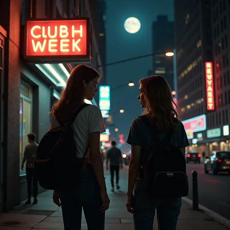 SFW, 
 quality:
(((masterpiece, high quality 16K, 32K))), (8k, HD,  ultra-hyperrealistic : 1.9).

Scene:
 Big City .  Brother and sister stand in front of a club entrance in Manhattan,  The sister is addressed by an elderly woman ,  carry a city at night

...