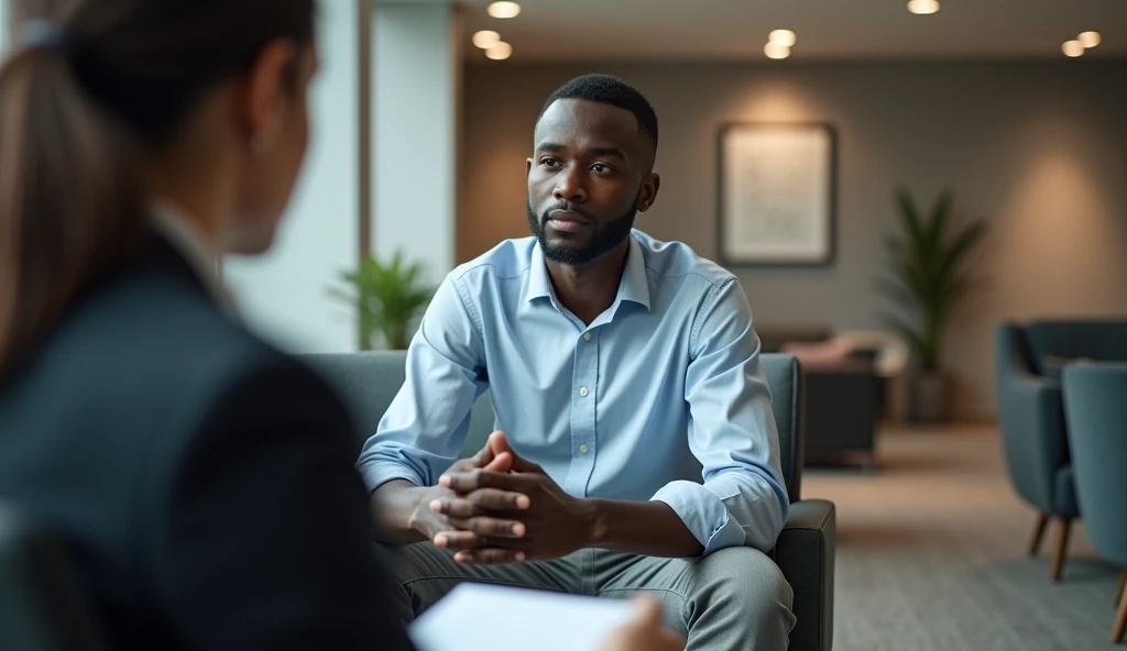 An image of a young African man being interviewed in an office 