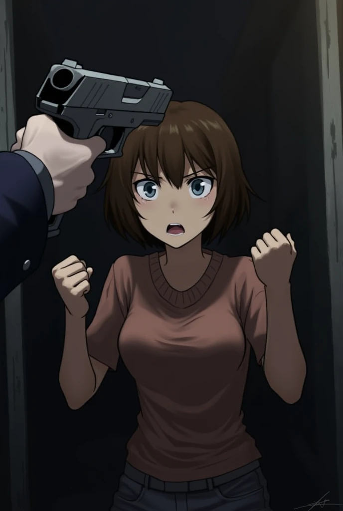 Chie from Persona 4 Golden animated being pointed at a gun