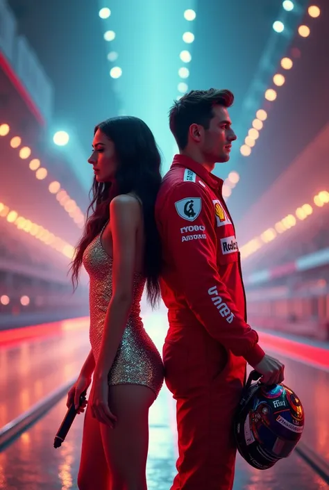  The cover would show the protagonists in the foreground : She, a famous singer ,  with long dark brown hair ,  dressed in a glamorous and shiny outfit ,  holding a microphone with a confident attitude . He,  an Italian Formula 1 driver , with a modern rac...