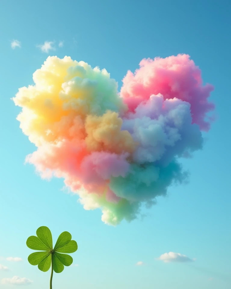 A dreamy and fairytale-inspired image with a bright heart-shaped cloud and a green four-leaf clover as the main subject. The bright blue sky has clouds in the shape of a standard heart, and the clouds come in a variety of colors - golden yellow, fuchsia, b...