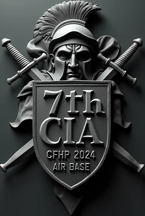  Create a coat of arms to represent a CIA.  It must be a shield and a sword, Have the face of a Spartan in 3d .  The words must be engraved and fully visible on the shield "7th CIA " in Capital Letters, " CFHP 2024 "  smaller and at the end  "Air base"