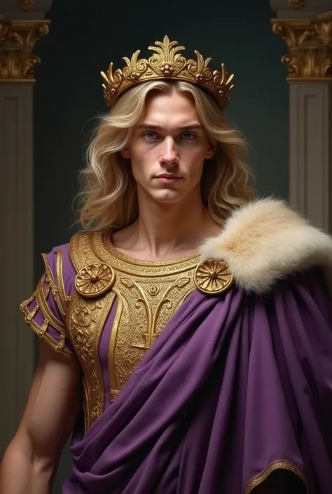 A young male Roman emperor with long, blonde hair, no facial hair, and blue eyes. Wearing a purple toga, adorned with gold, a lion fur collar, and a laurel emperor’s crown