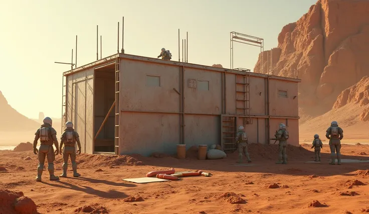  Aliens and astronauts collaborating in the construction of an aluminum structure,  local materials on desert planet , using temporary .  ultra realistic image , 4K, cinematic."