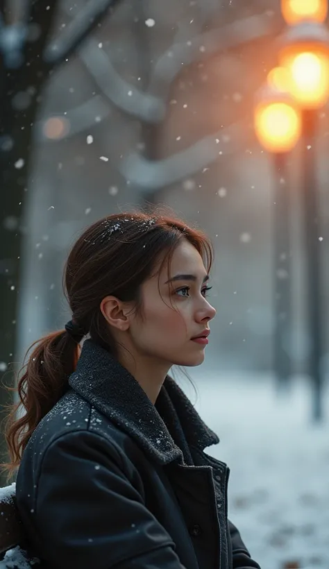 A beautiful woman sitting on a park bench in winter, wistfully reminiscing about her first love, the upper half of the frame depicting the vivid image of her youthful first love interest - a warm-smiling, fresh-faced young man, a vivid visualization of mem...