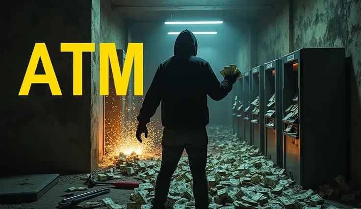 A man in a black hoodie and gloves stands in front of four broken ATMs, each with cash spilling out. The man is holding a stack of cash, looking shocked and surprised. The background is a dark, abandoned building or alley, with broken walls, debris, and di...