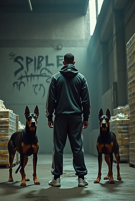 Guy, with adidas  trainings, turn around, standing in a hangar, with two dobermans on one side a palette with money and on the other side a palette with cocaine, graffiti style writing on the wall that you can see BALTAS KOKSAS