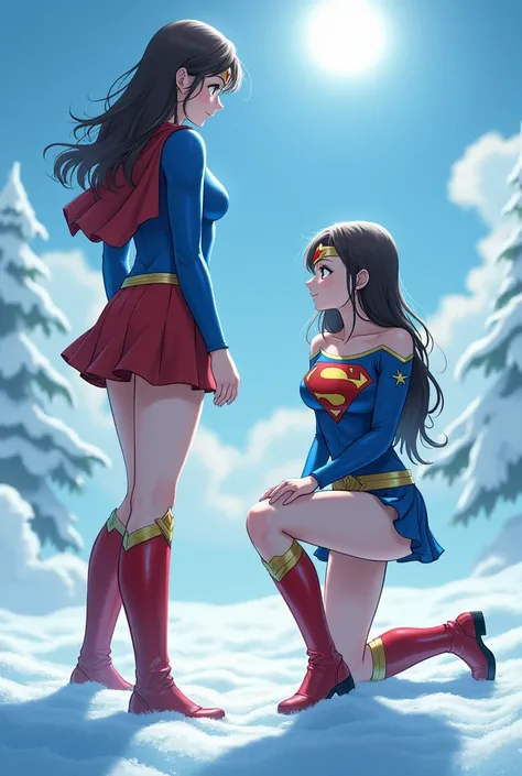 Depict as directed
Live Action 、   2 superheroines   、２Human superheroines are trapped in ice、  supergirl on the right   、   Wonder Woman on the left   、   2 people frozen in clear ice   。smile、   muscular、    transparent A cute Japanese supergirl in her 2...