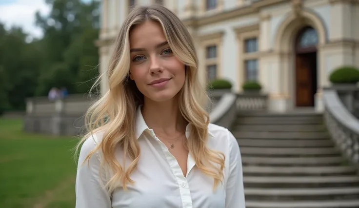 A beautiful young woman, 18 years old, blonde, with long, wavy, neatly-curled, shoulder-length hair, dressed in a white blouse and a blue skirt on a summers day, portrait photo, pretty, pretty young lady, pretty, pretty photo, pretty picture, face like Ang...