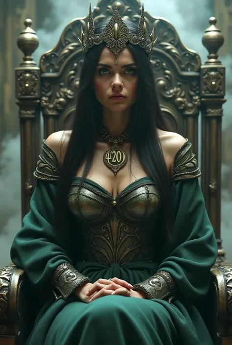  Image of a warrior woman with green eyes and straight dark brown hair,  Are you wearing a necklace with the name 420M, There is smoke in the image and she is wearing armor sitting on a throne and wearing a crown