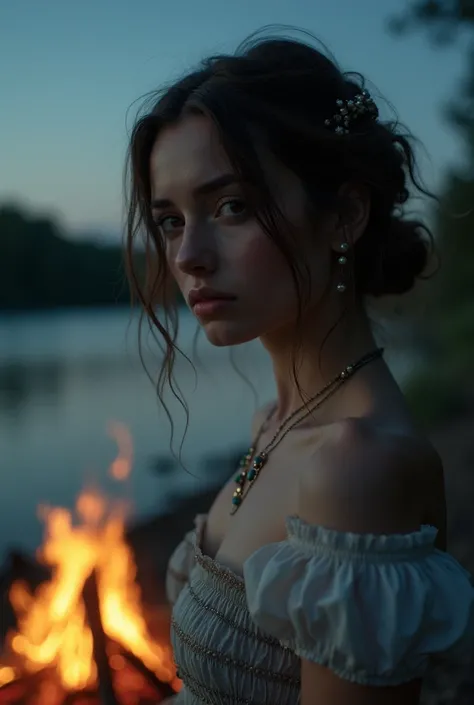 beautiful woman ( EPR4ch3Br0ckm4n:.99), perfect hair, jewellery, ((portrait)), (closeup:1.3), ((from the waist up)), (((  A peaceful riverside campfire stars above :1.2 ))), natural skin texture,  (( Smocked bodice dress :1.2)), 24mm, 4k textures, soft cin...