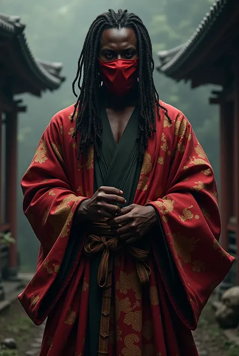 A black man with long hair wearing a traditional Japanese robe wearing a bow with black eyes and a red mask over his body