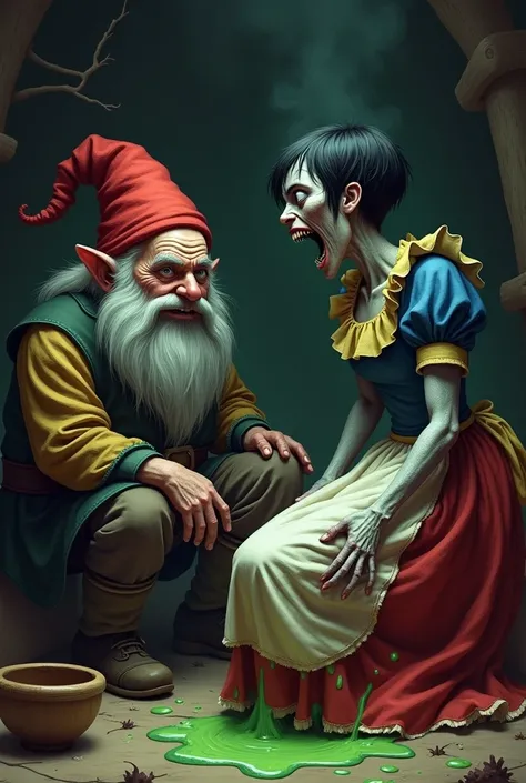 A dwarf man with a large grey beard and a red hat pointed is sitting with his legs tucked up, with a scared expression on her face. At your side, a wooden bowl lies on the floor, and a bubbling green liquid has spilled across the floor. In front of him, A ...